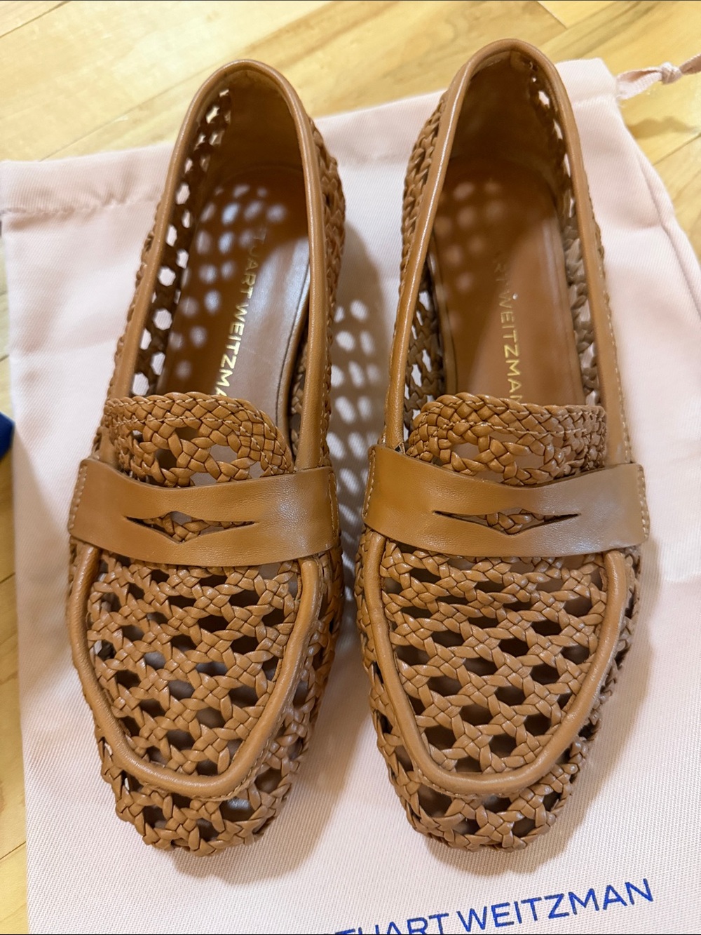 Stuart Weitzman Thea Woven Leather Penny Loafers in Cognac Brown size 38/7.5 B - Picture 2 of 4